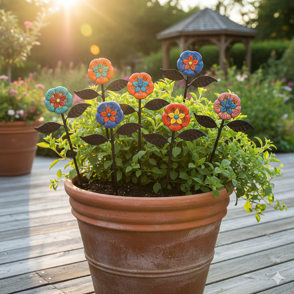 Pflanzstecker Keramikblume handbemalt – Gartenstecker 23 cm – Dekolina