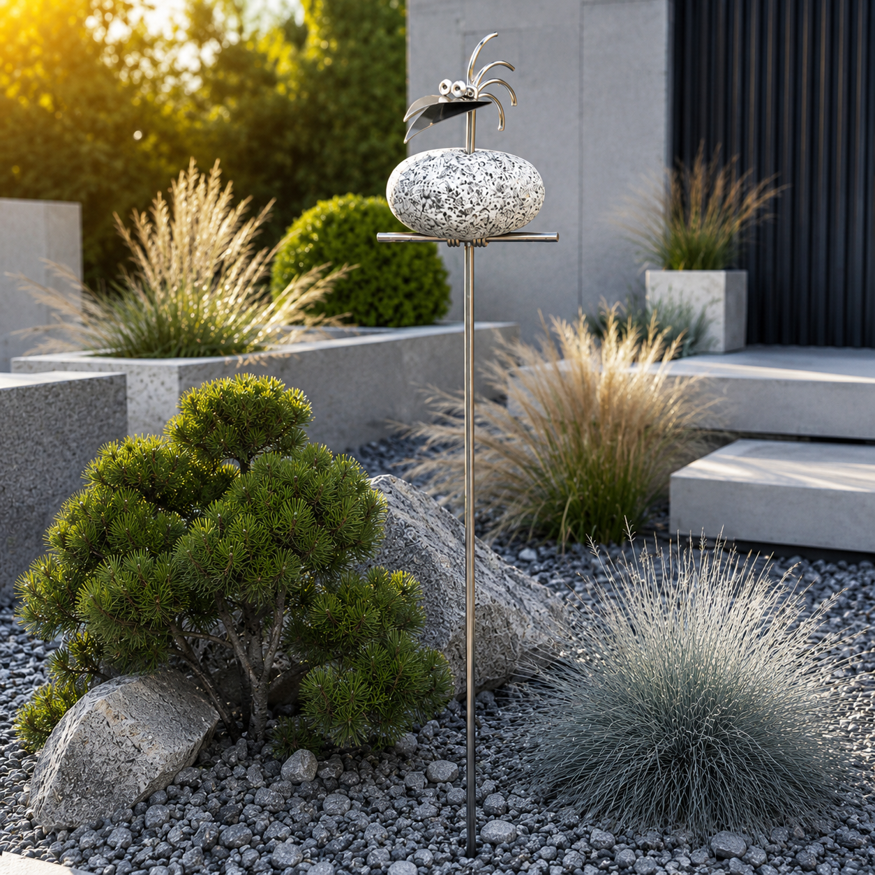 Gartenstecker Steinvögel Granit Edelstahl – 110 cm, 1–6 Vögel – Dekolina