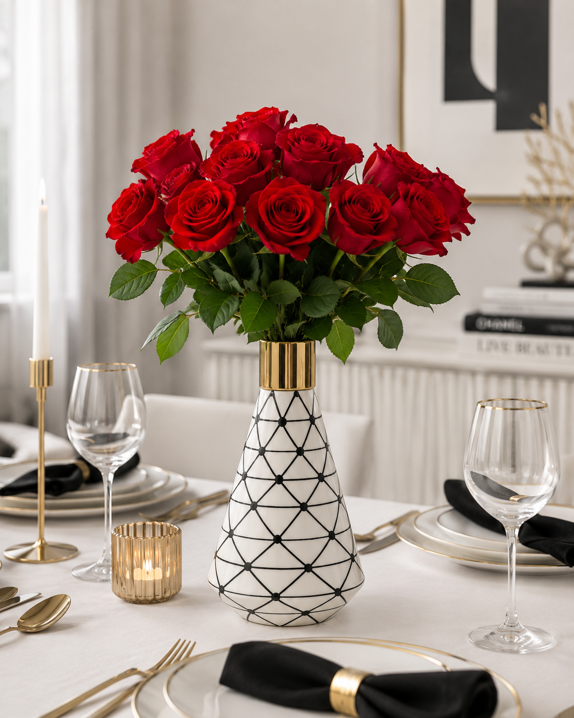 Vase XOXO Keramik ca. 26 cm hoch weiß, schwarz und gold – Dekolina