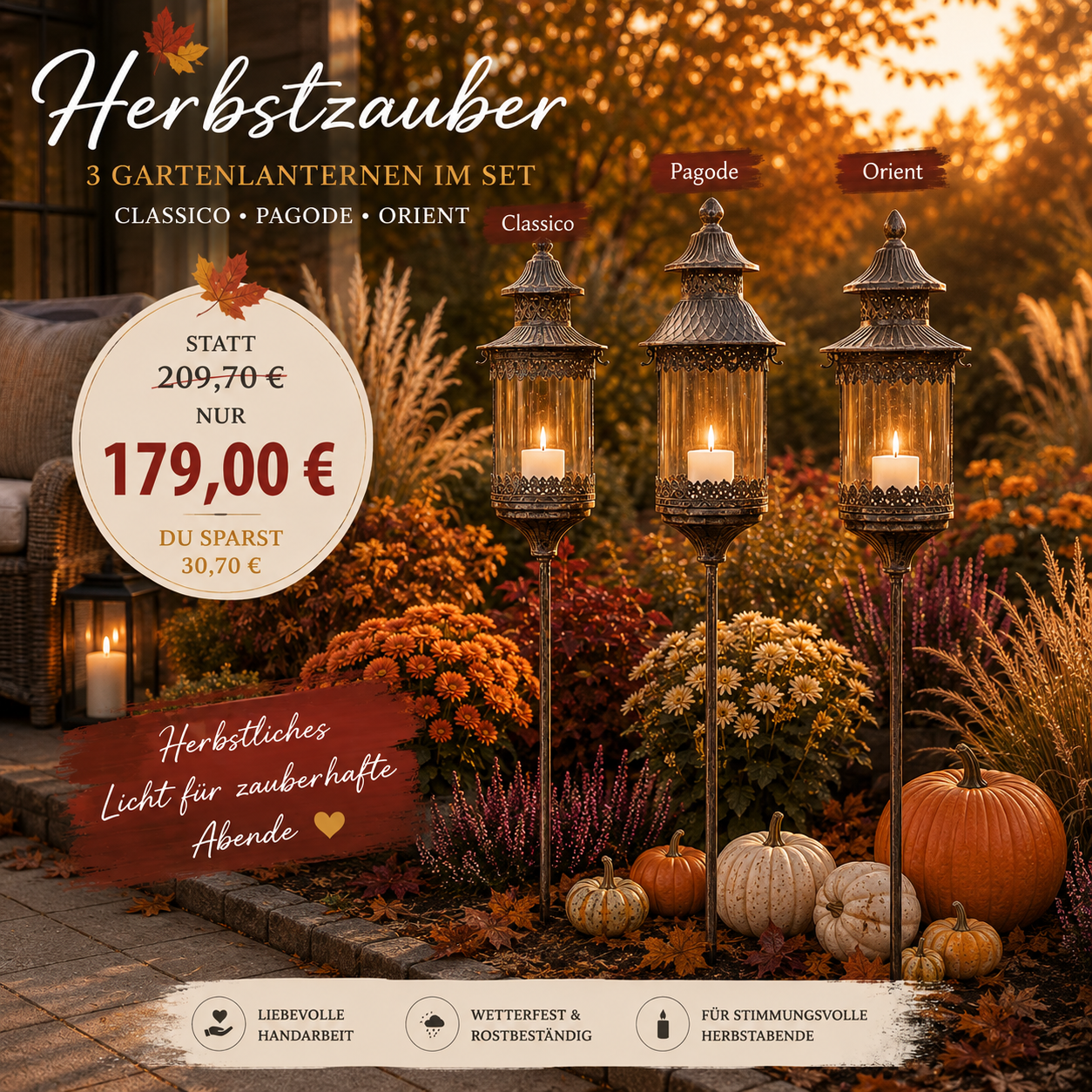 Herbstzauber Angebot 3 Gartenlaternen im Set für stimmungsvolle Abende