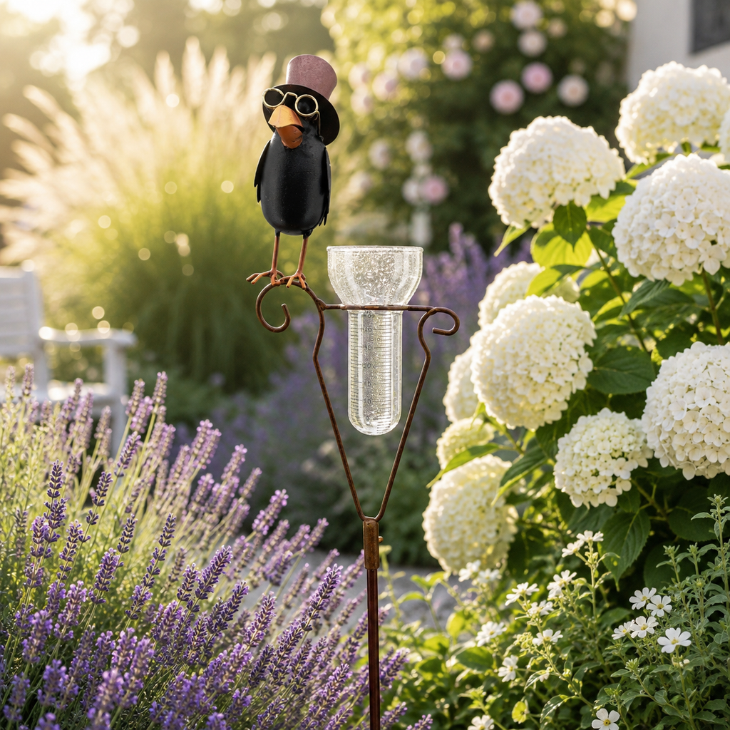 Regenmesser Rabe mit Zylinder aus Metall – Gartenstecker 152,5 cm