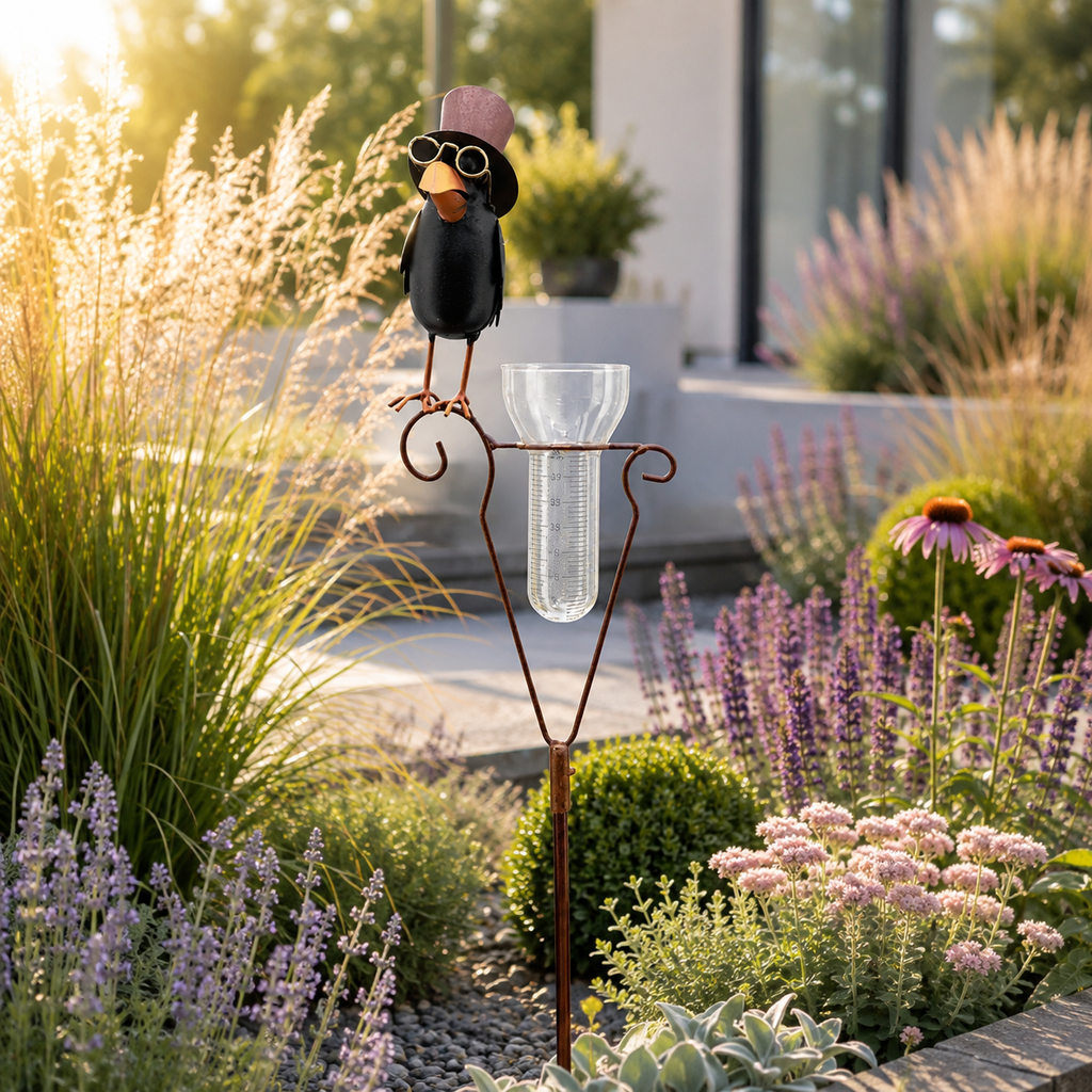 Regenmesser Rabe mit Zylinder aus Metall – Gartenstecker 152,5 cm