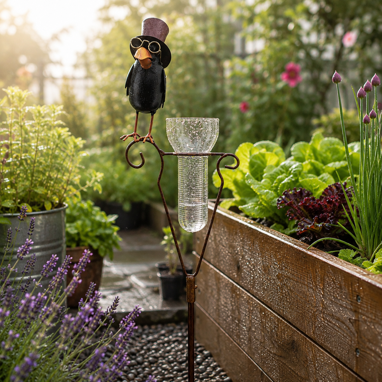Regenmesser Rabe mit Zylinder aus Metall – Gartenstecker 152,5 cm