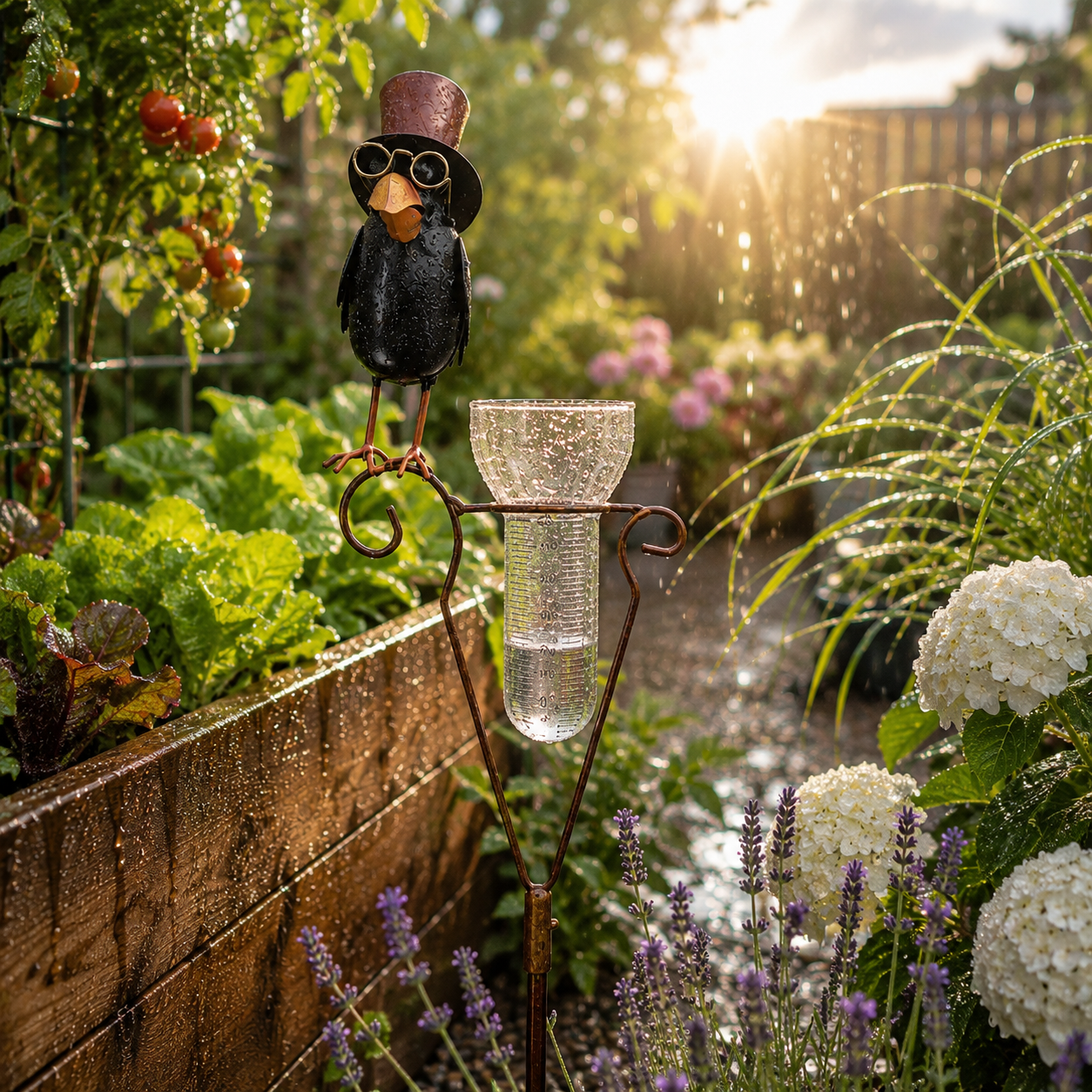 Regenmesser Rabe mit Zylinder aus Metall – Gartenstecker 152,5 cm
