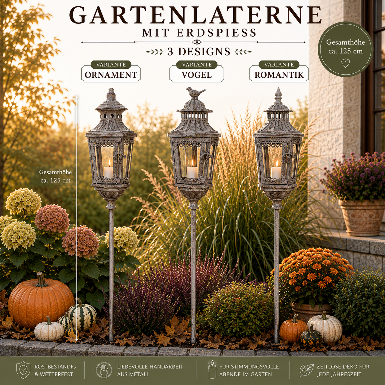 Gartenlaterne mit Erdspieß Höhe ca. 125 cm aus Metall antik 3 Designs zur Wahl