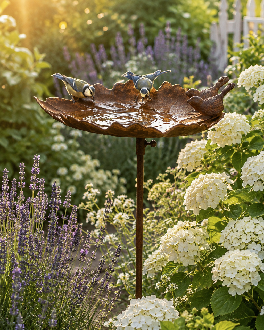 Vogeltränke Blatt mit zwei Vögeln aus Metall in Rostoptik – Gartenstecker 117 cm