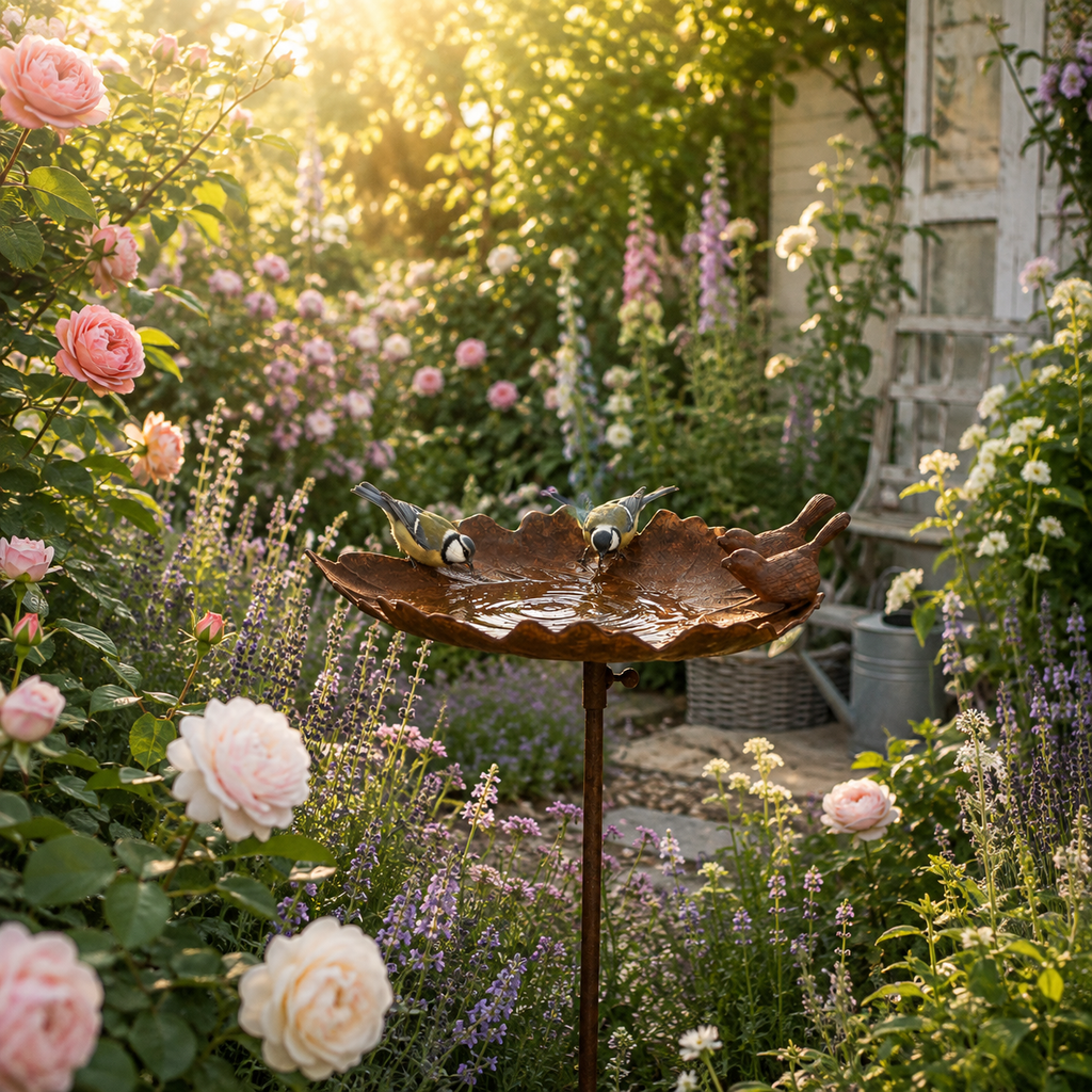 Vogeltränke Blatt mit zwei Vögeln aus Metall in Rostoptik – Gartenstecker 117 cm