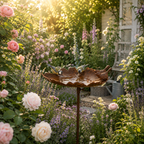 Vogeltränke Blatt mit zwei Vögeln aus Metall in Rostoptik – Gartenstecker 117 cm