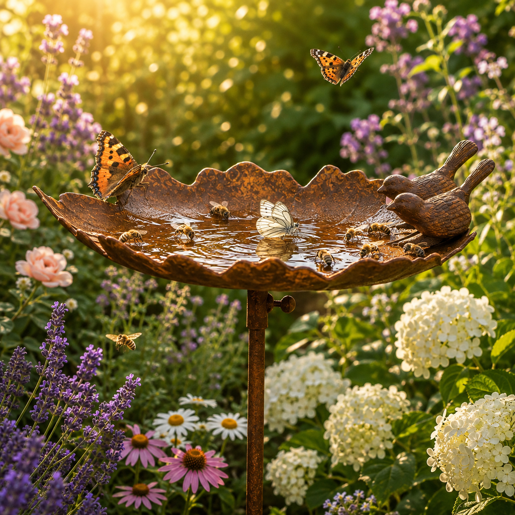 Vogeltränke Blatt mit zwei Vögeln aus Metall in Rostoptik – Gartenstecker 117 cm