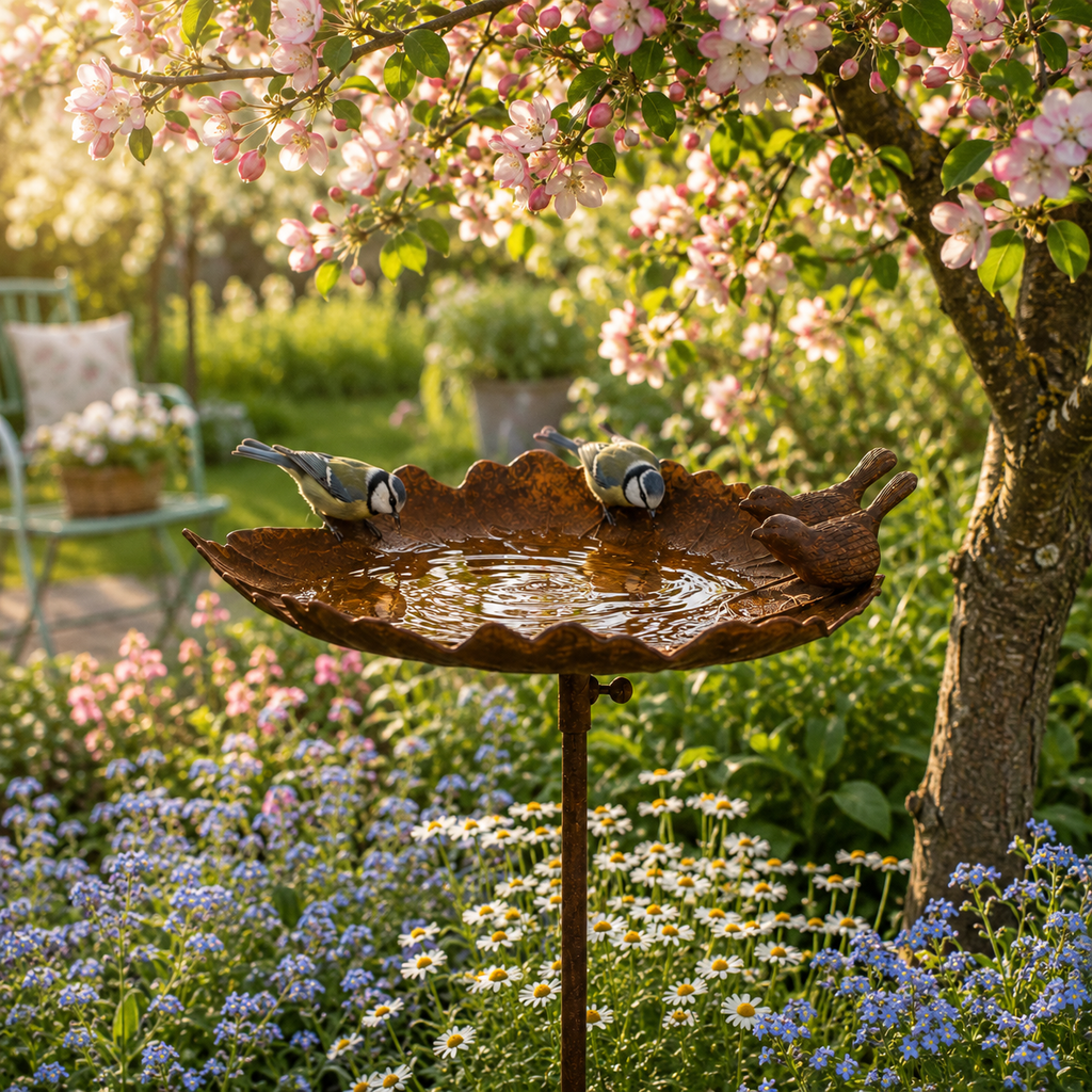 Vogeltränke Blatt mit zwei Vögeln aus Metall in Rostoptik – Gartenstecker 117 cm
