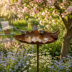 Vogeltränke Blatt mit zwei Vögeln aus Metall in Rostoptik – Gartenstecker 117 cm