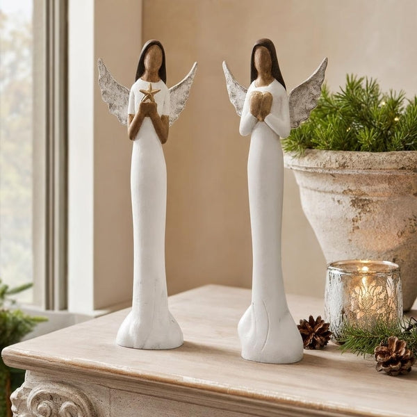 Engel aus Holz 2er-Set – Weiß & Gold Höhe 46 cm