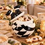 Weihnachtliche Plätzchendose aus Keramik – Schwarz-Weiß-Gold