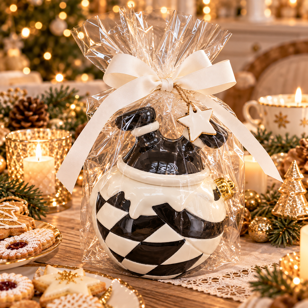 Weihnachtliche Plätzchendose aus Keramik – Schwarz-Weiß-Gold