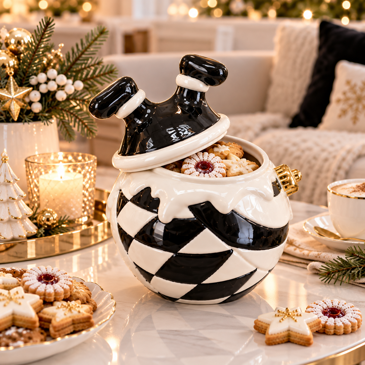 Weihnachtliche Plätzchendose aus Keramik – Schwarz-Weiß-Gold