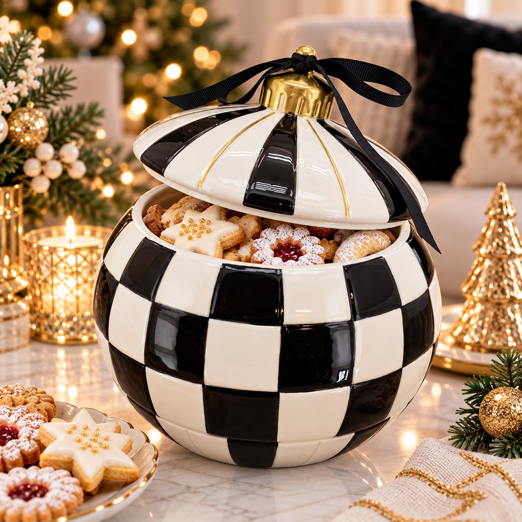 Weihnachtliche Plätzchendose aus Keramik  Schwarz-Weiß