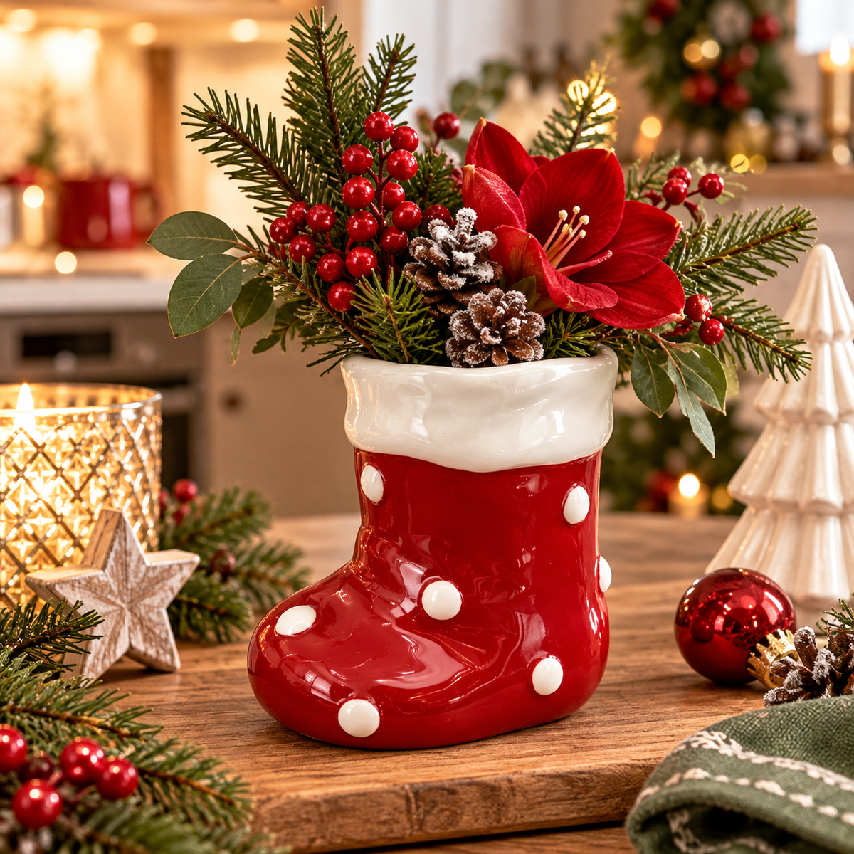 Weihnachtsstiefel aus Keramik Rot-Weiß – Vase & Dekogefäß