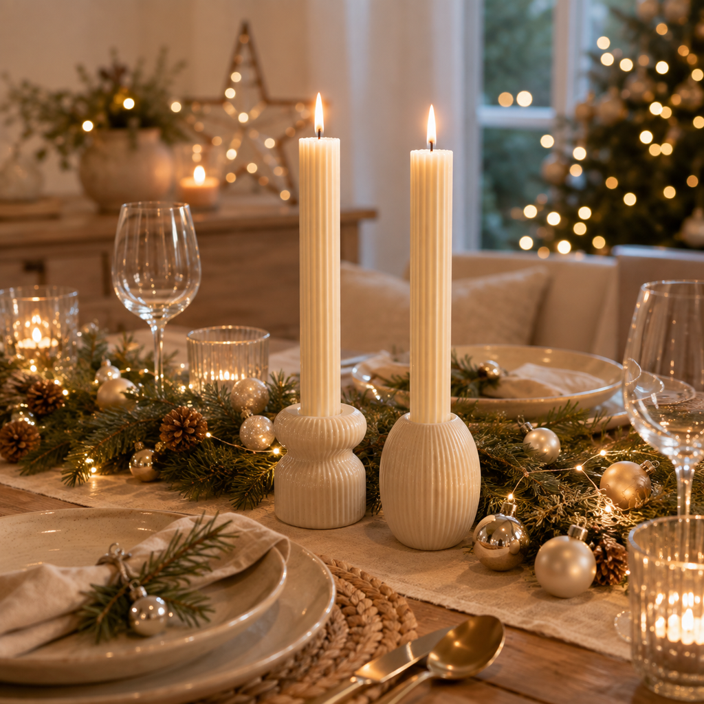 2er Set Kerzenständer Porzellan Creme für Stabkerzen