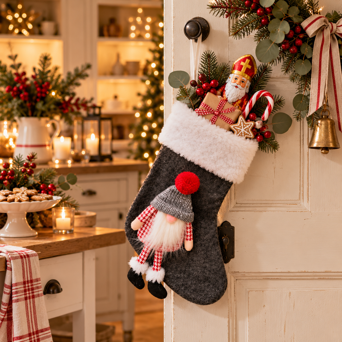Weihnachtsstrumpf Fily Grau mit Wichtel 35 cm
