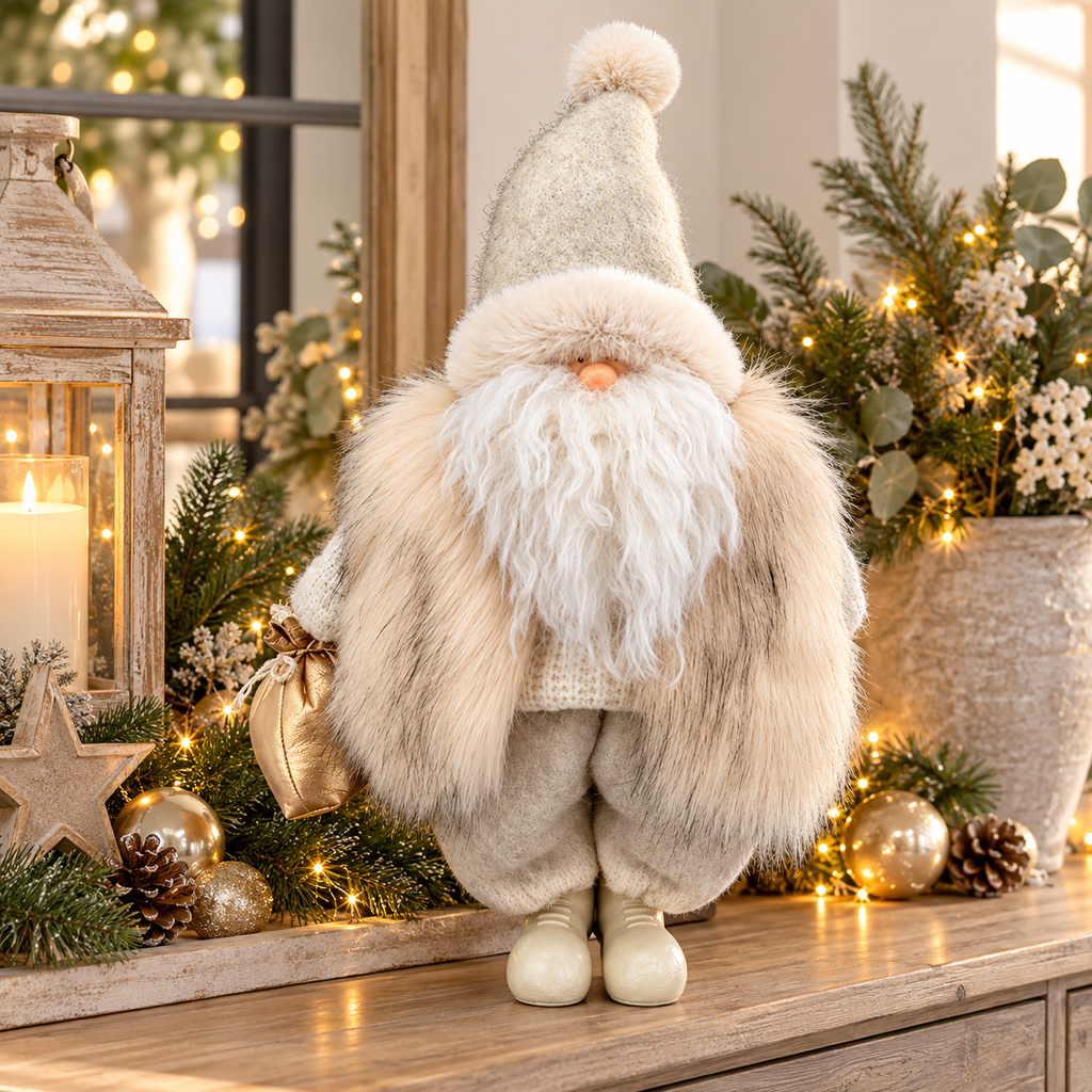 Santa Weihnachtsfigur creme mit weichem Fell – 57 cm