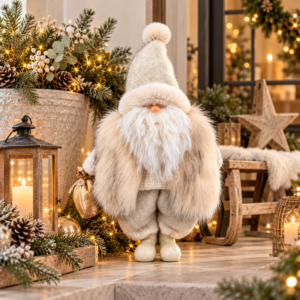 Santa Weihnachtsfigur creme mit weichem Fell – 57 cm