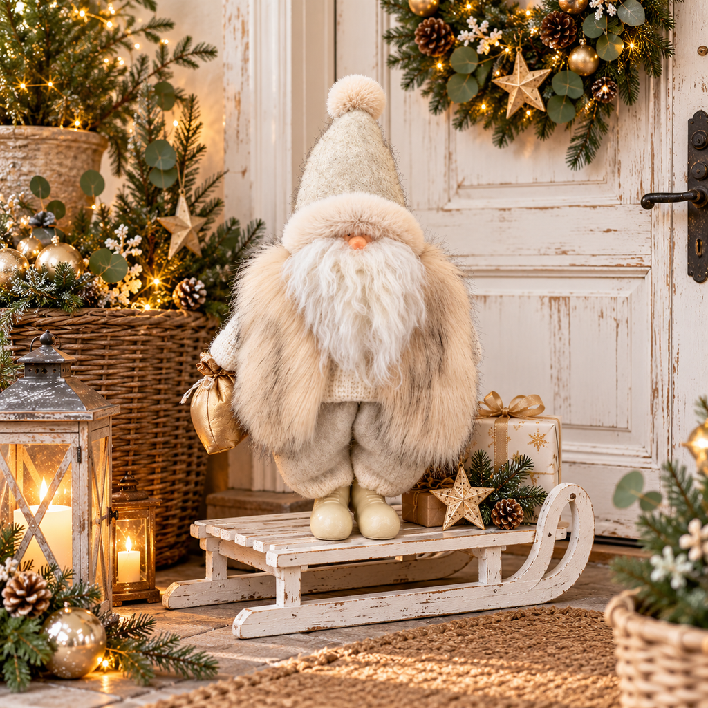 Santa Weihnachtsfigur creme mit weichem Fell – 57 cm