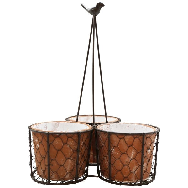 3er Set Pflanztöpfe mit Vogel aus Terrakotta & Metall Höhe 36 cm
