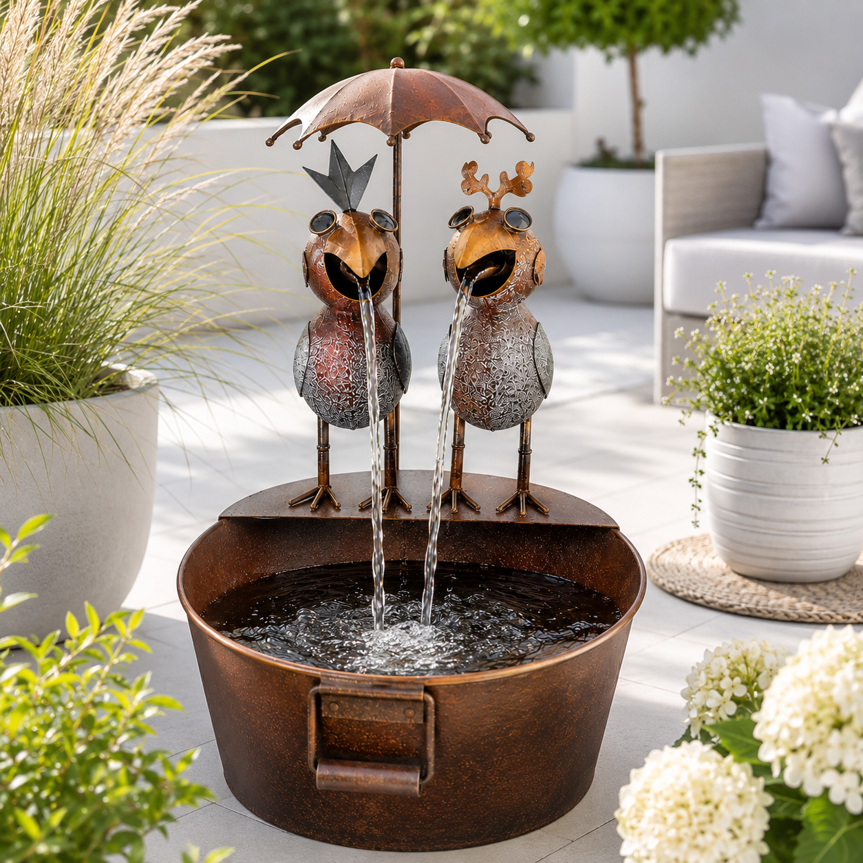 Wasserspeier Vogelpaar mit Schirm & Pumpe – Metallbrunnen mit Wanne 47,5 cm