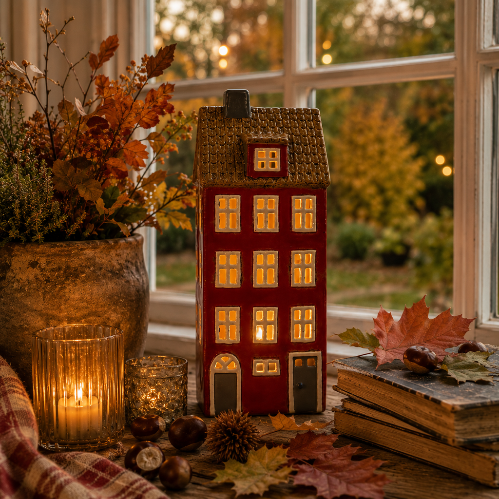 Haus Windlicht Rot aus hochwertigen Keramik 30 cm