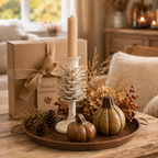 Herbst Geschenkset mit Kerzenständer, Kerze, Kürbissen & Tablett