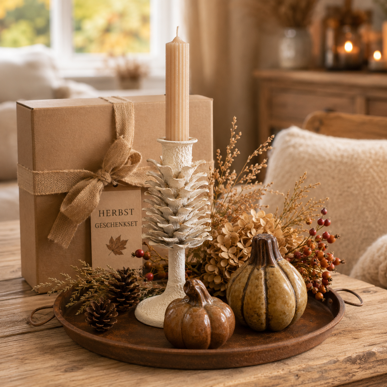 Herbst Geschenkset mit Kerzenständer, Kerze, Kürbissen & Tablett