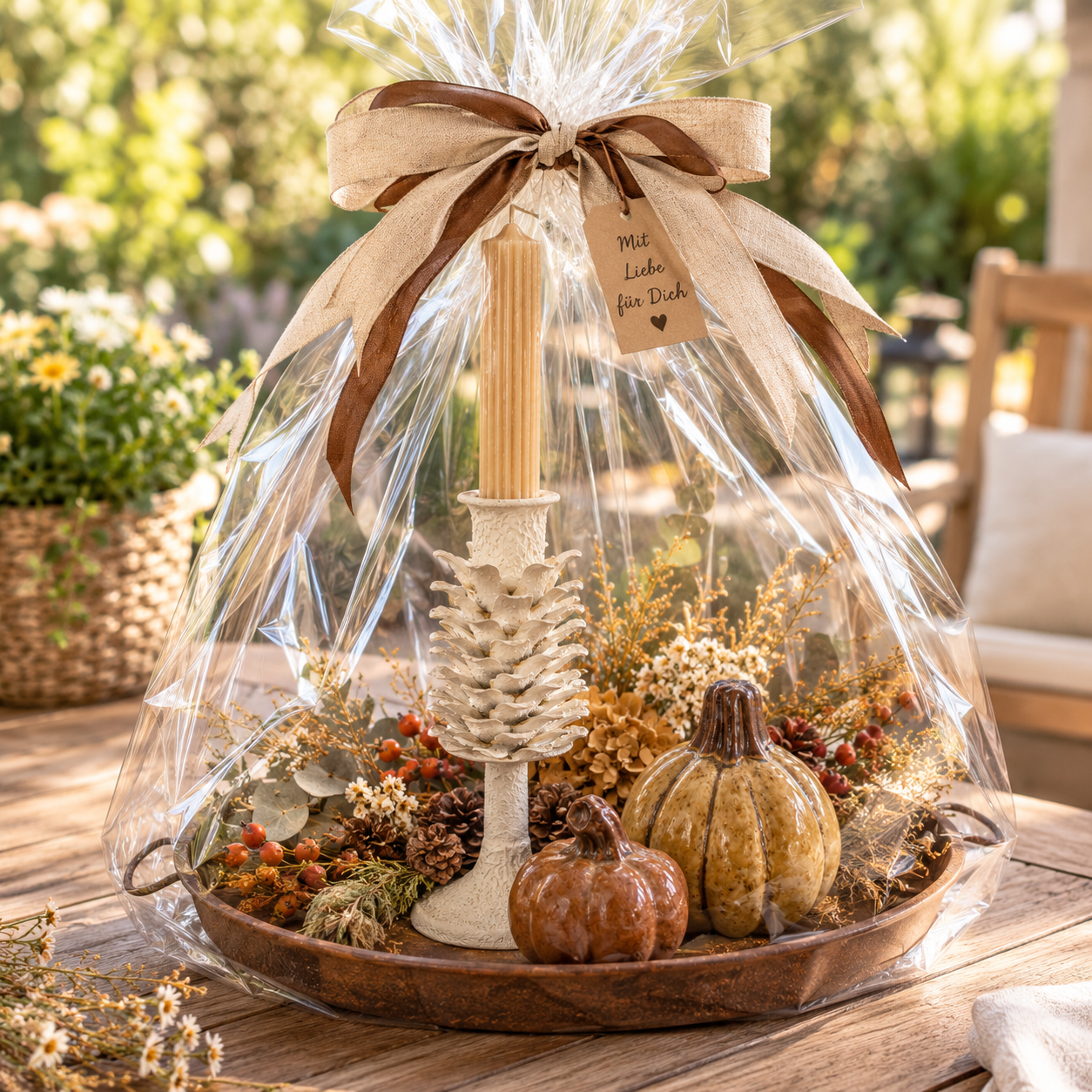Herbst Geschenkset mit Kerzenständer, Kerze, Kürbissen & Tablett