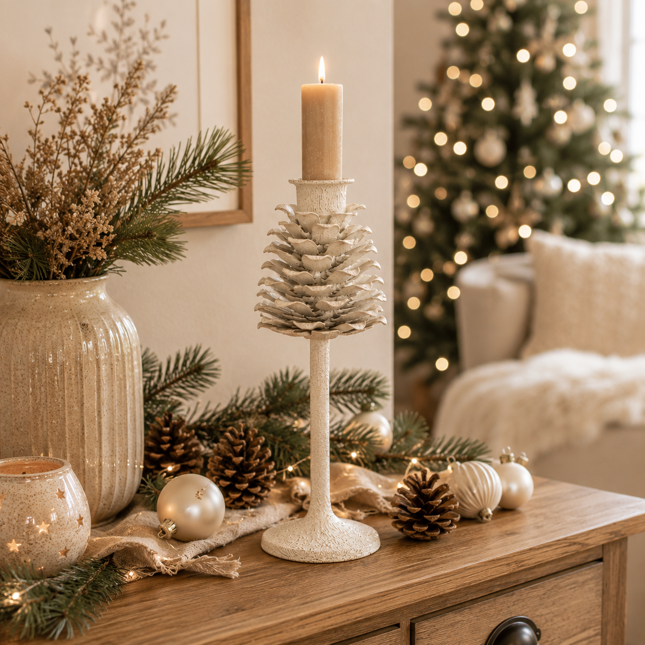 Kerzenständer beige aus Metall strukturierte Optik 22,5 cm