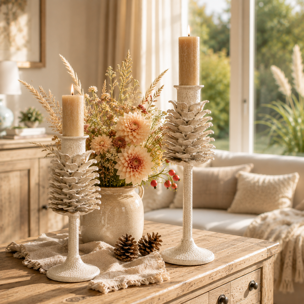 Kerzenständer Set beige aus Metall 2er-Set 22,5 & 32 cm