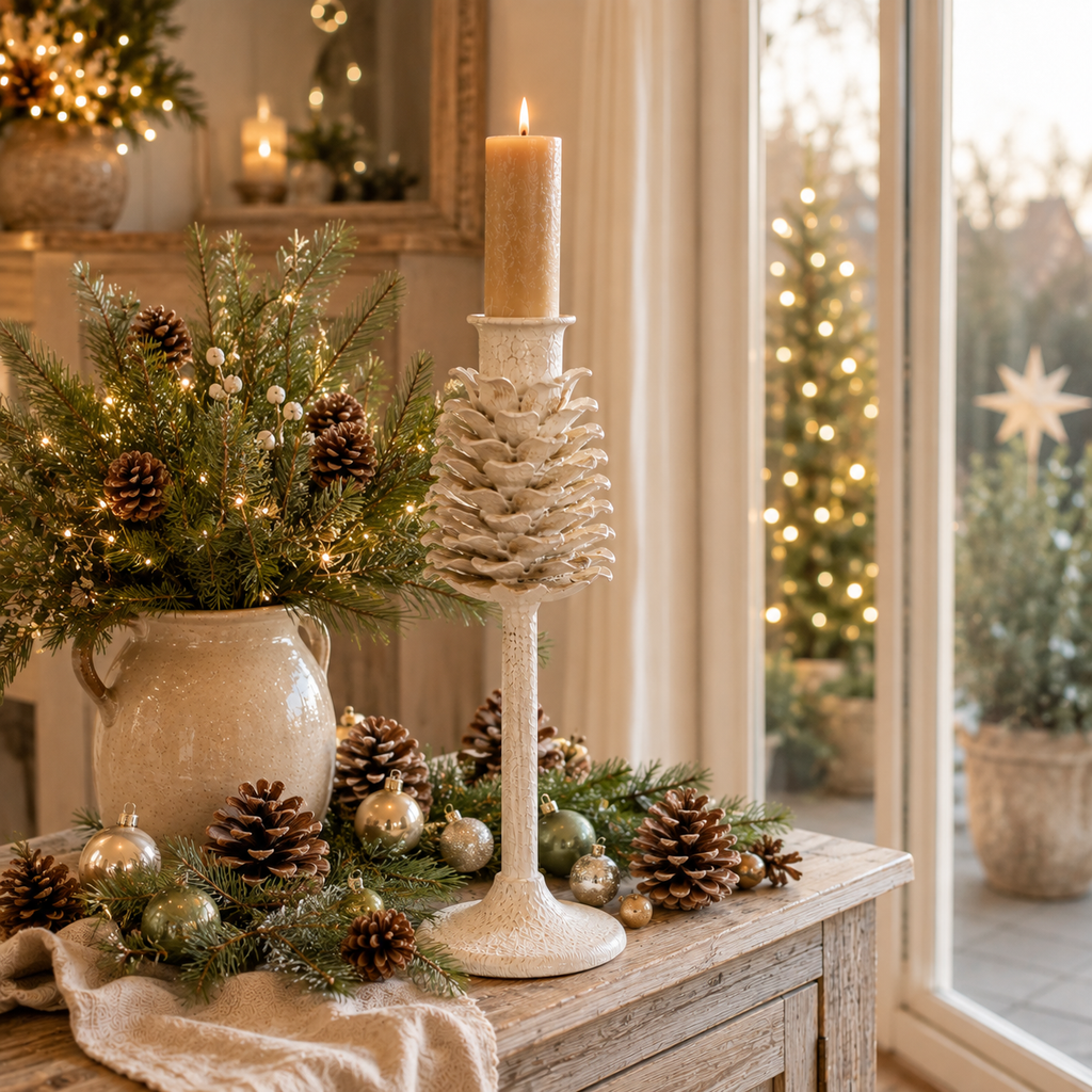 Kerzenständer beige aus Metall strukturierte Optik 32 cm