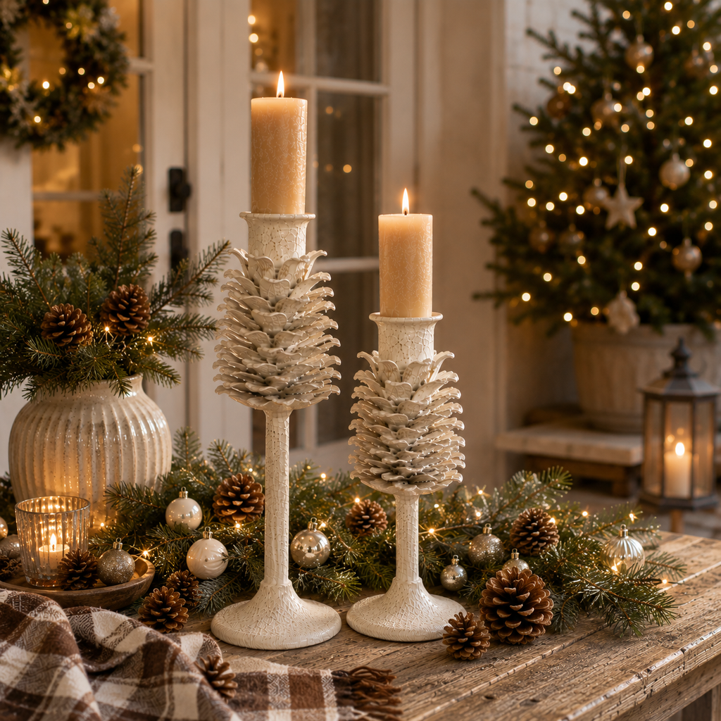 Kerzenständer Set beige aus Metall 2er-Set 22,5 & 32 cm