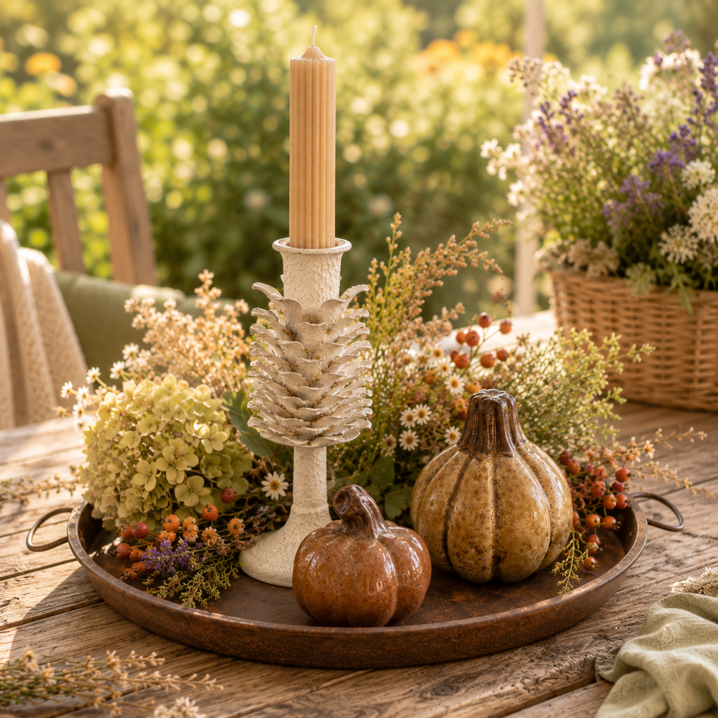 Herbst Geschenkset mit Kerzenständer, Kerze, Kürbissen & Tablett
