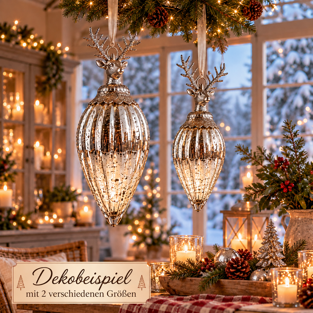 Weihnachtsanhänger Glaszapfen mit Hirsch Silber 53 cm hoch