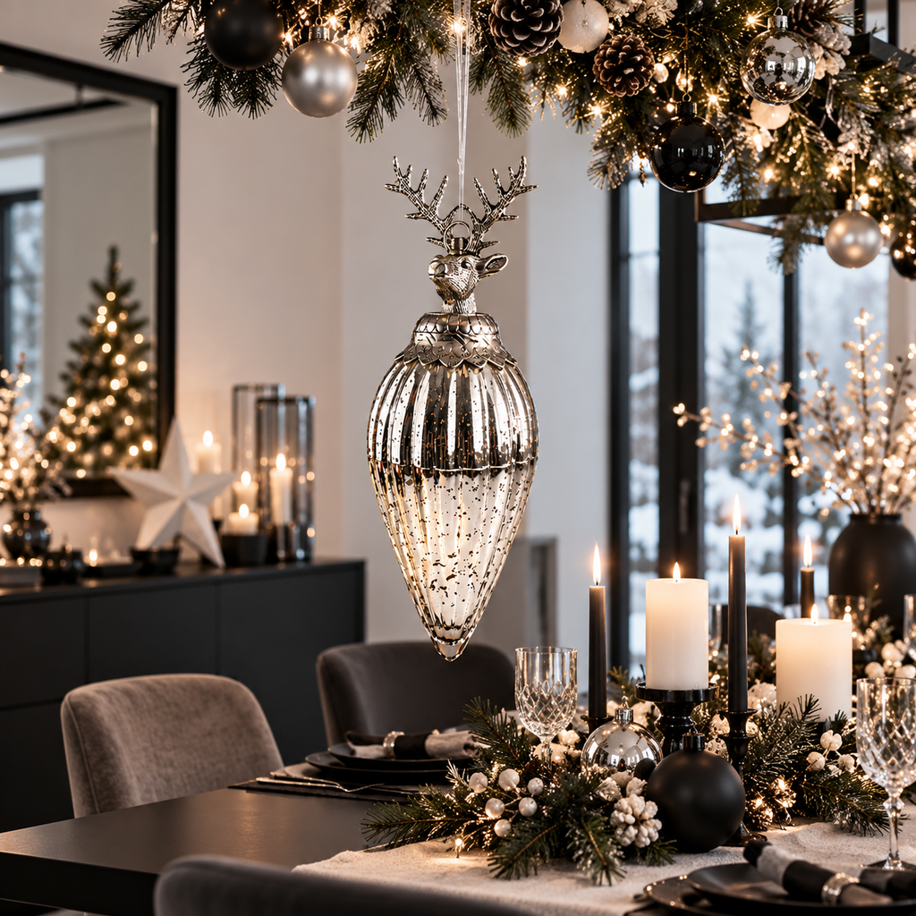Weihnachtsanhänger Glaszapfen mit Hirsch Silber 53 cm hoch