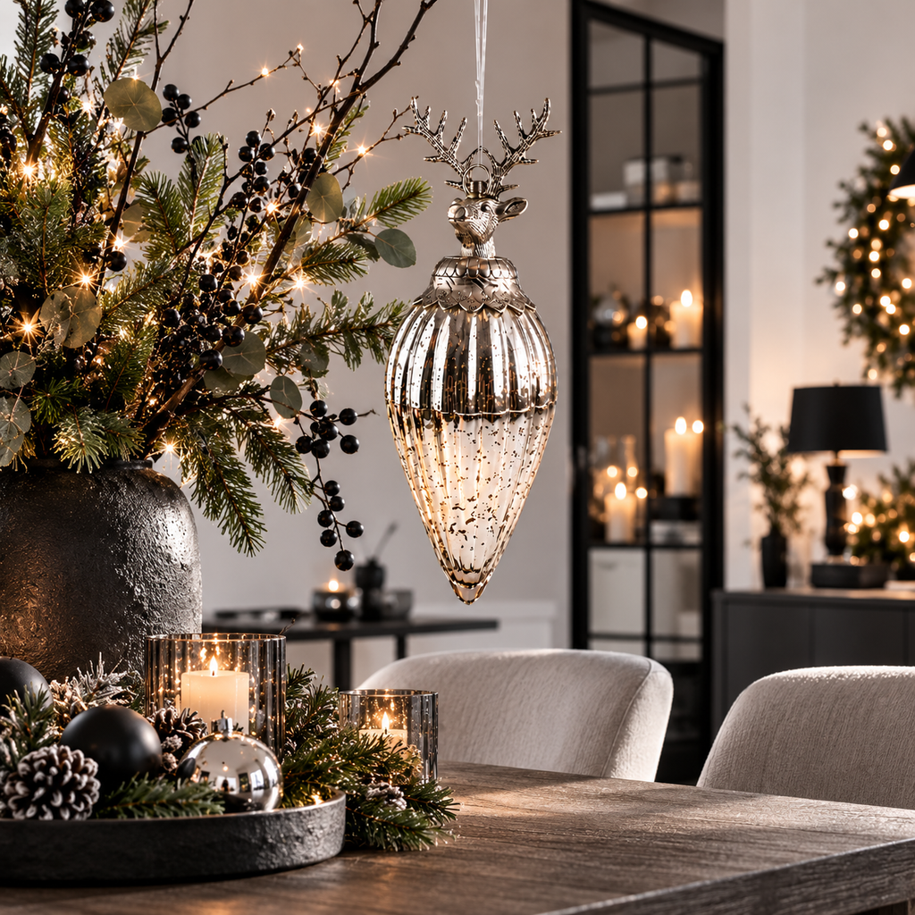 Weihnachtsanhänger Glaszapfen mit Hirsch Silber 53 cm hoch