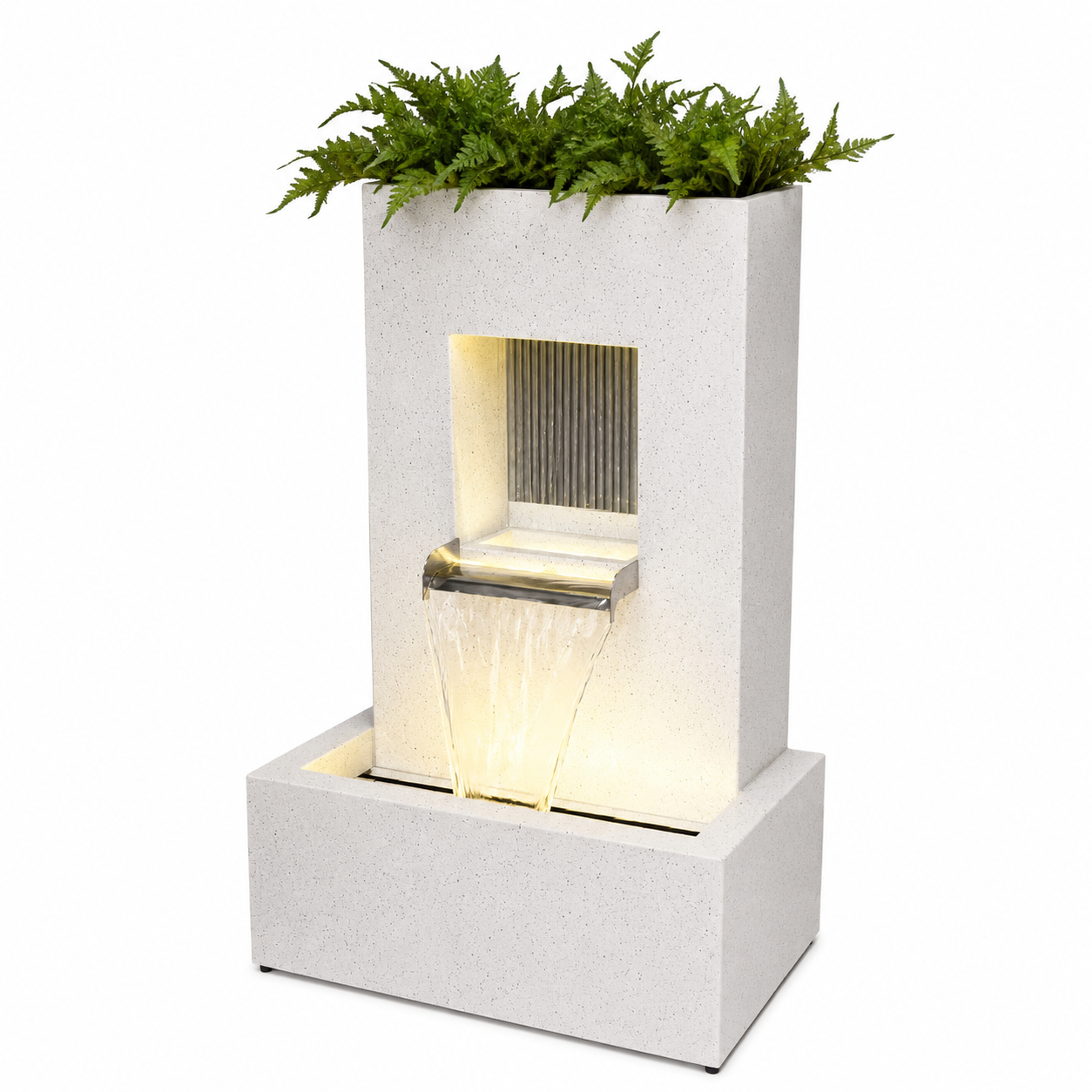 Design Gartenbrunnen mit Pflanzgefäß & LED-Beleuchtung – Weiß – 83,5 cm