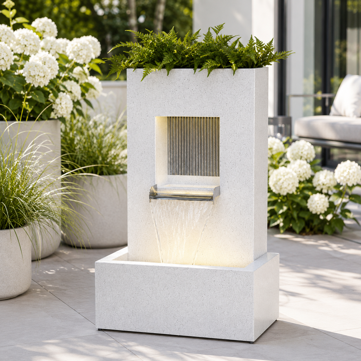 Design Gartenbrunnen mit Pflanzgefäß & LED-Beleuchtung – Weiß – 83,5 cm