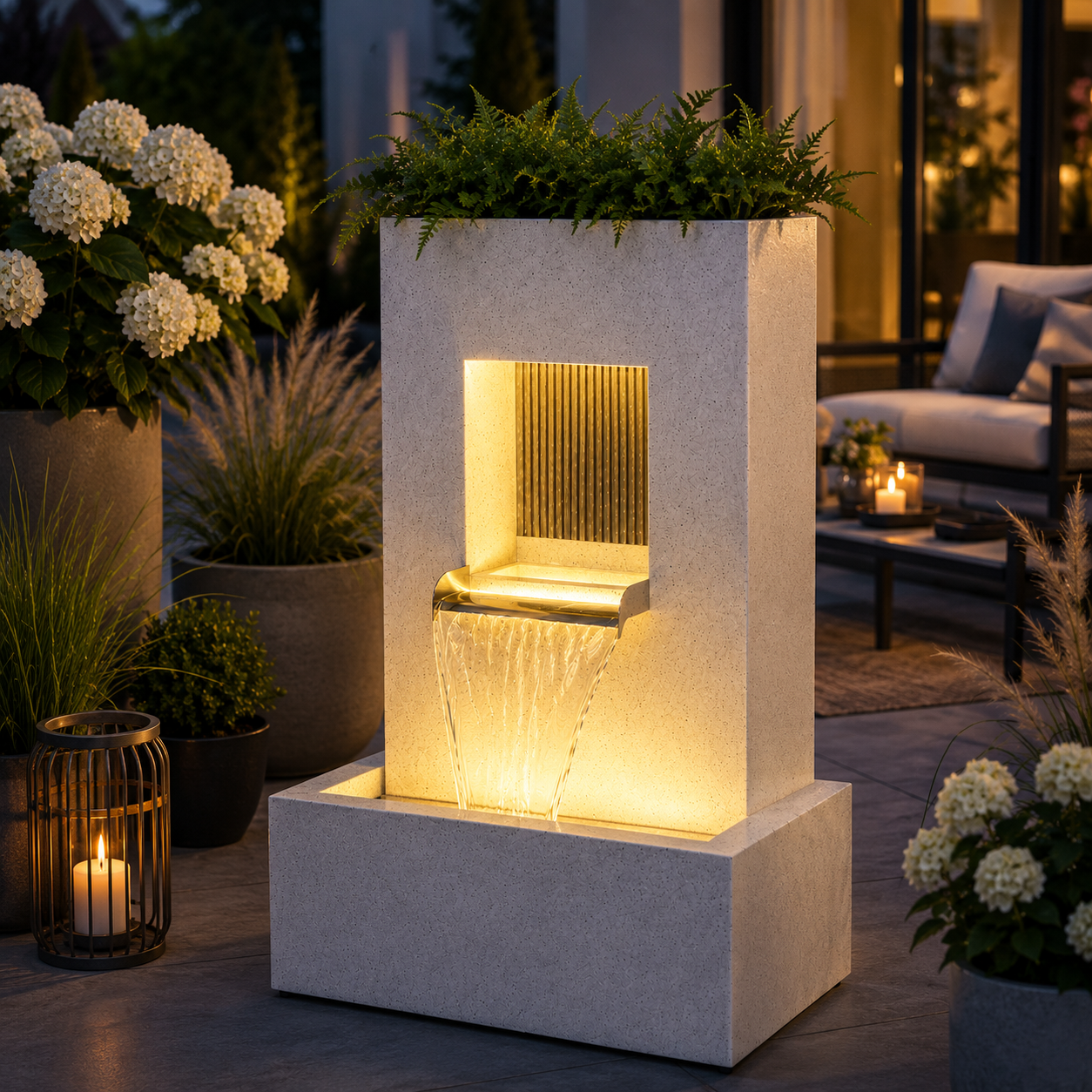Design Gartenbrunnen mit Pflanzgefäß & LED-Beleuchtung – Weiß – 83,5 cm