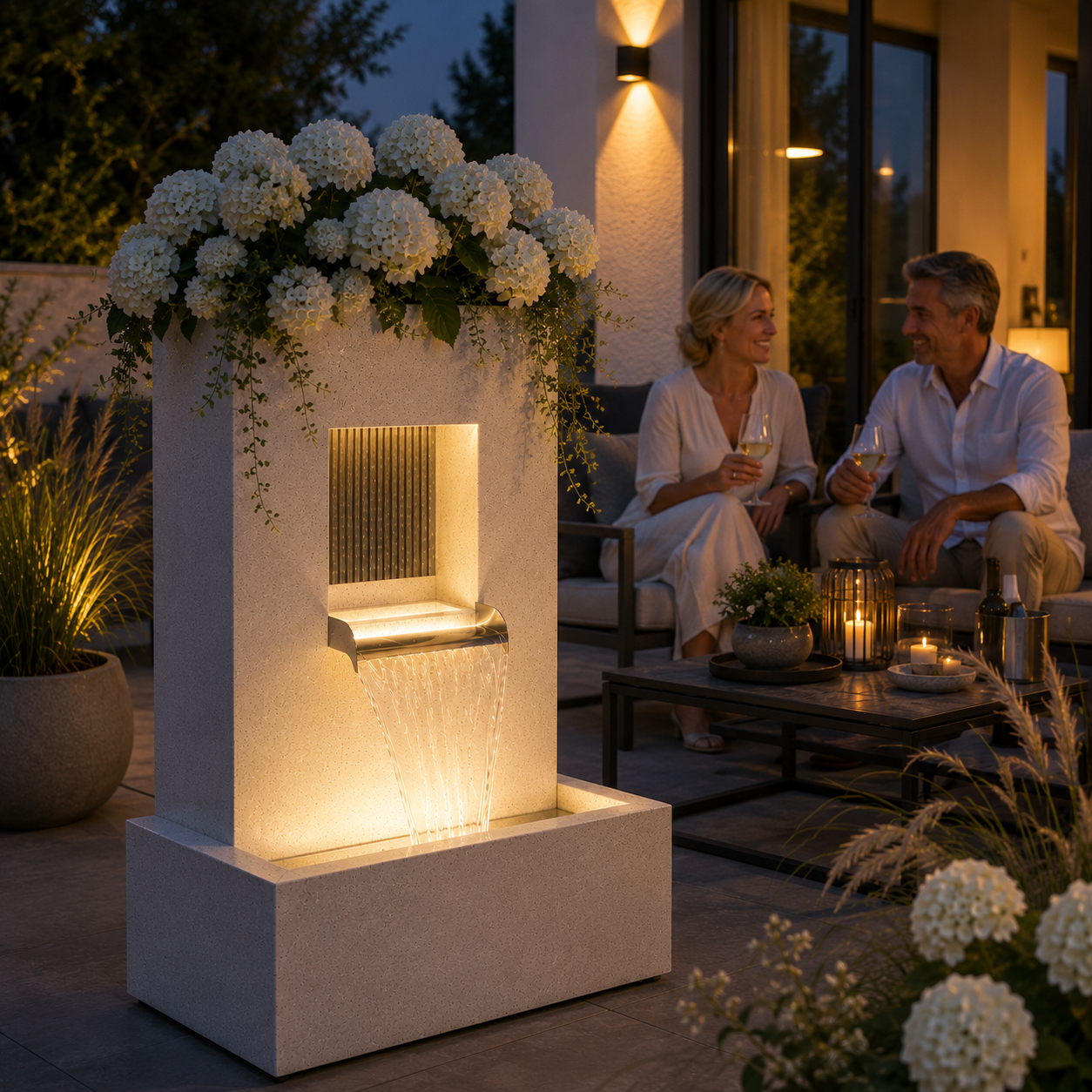 Design Gartenbrunnen mit Pflanzgefäß & LED-Beleuchtung – Weiß – 83,5 cm