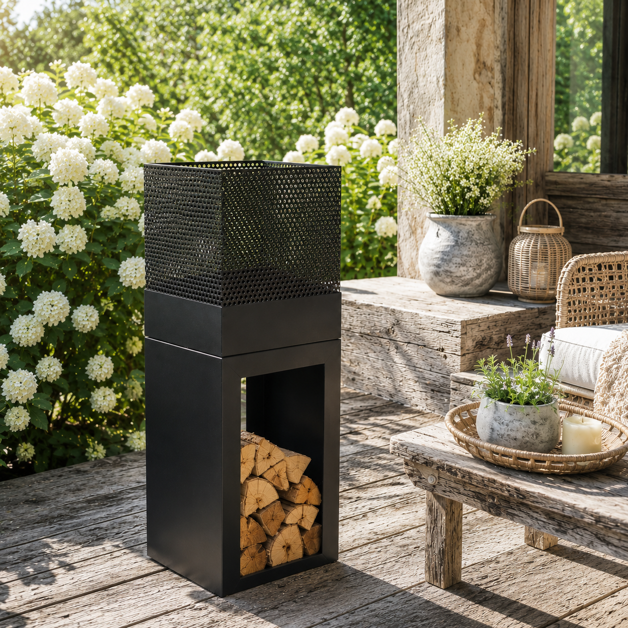 Feuerkorb mit Holzlager aus Metall – Schwarz 90 cm