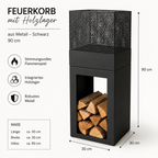 Feuerkorb mit Holzlager aus Metall – Schwarz 90 cm