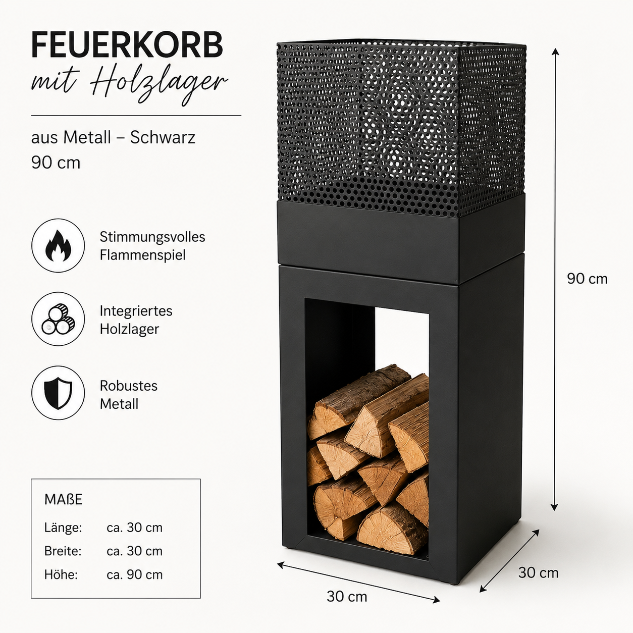 Feuerkorb mit Holzlager aus Metall – Schwarz 90 cm