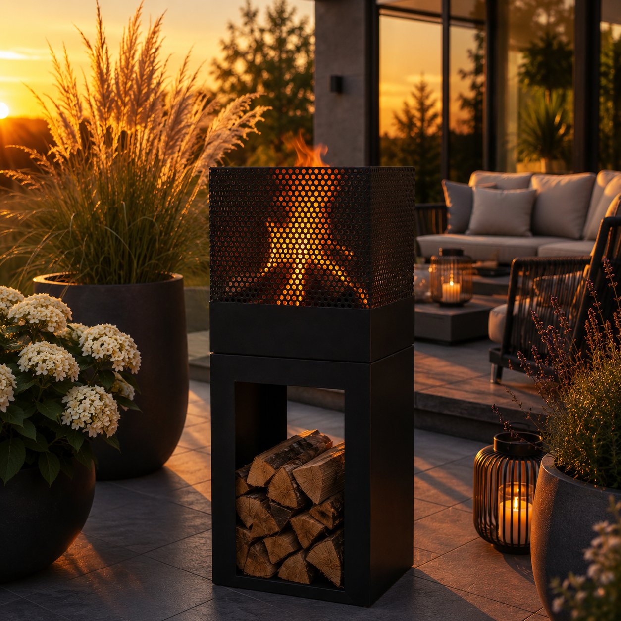 Feuerkorb mit Holzlager aus Metall – Schwarz 90 cm