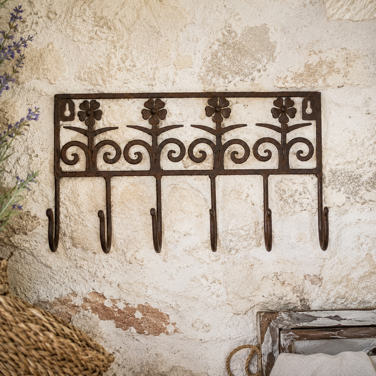 Hakenleiste Blumen Metall dunkelrostfarben 6 Haken 30 cm