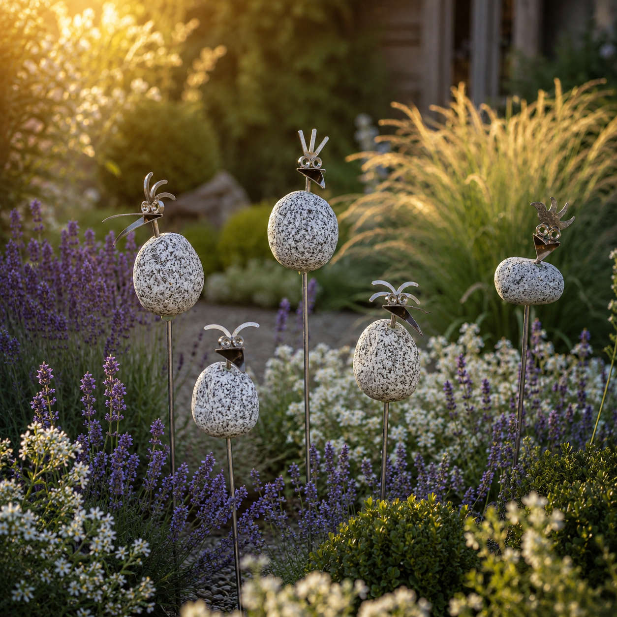 Sommerangebot  5 Steinvogel Küken Gartenstecker aus Granit & Edelstahl – 5 zum Preis von 4